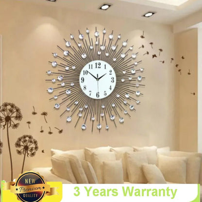 "3D Large Metal Sunburst Wall Clock – Luxury Modern Round Diamond Design, Battery Operated Home Décor for Living Room, Bedroom & Office" - RELUX.STORE