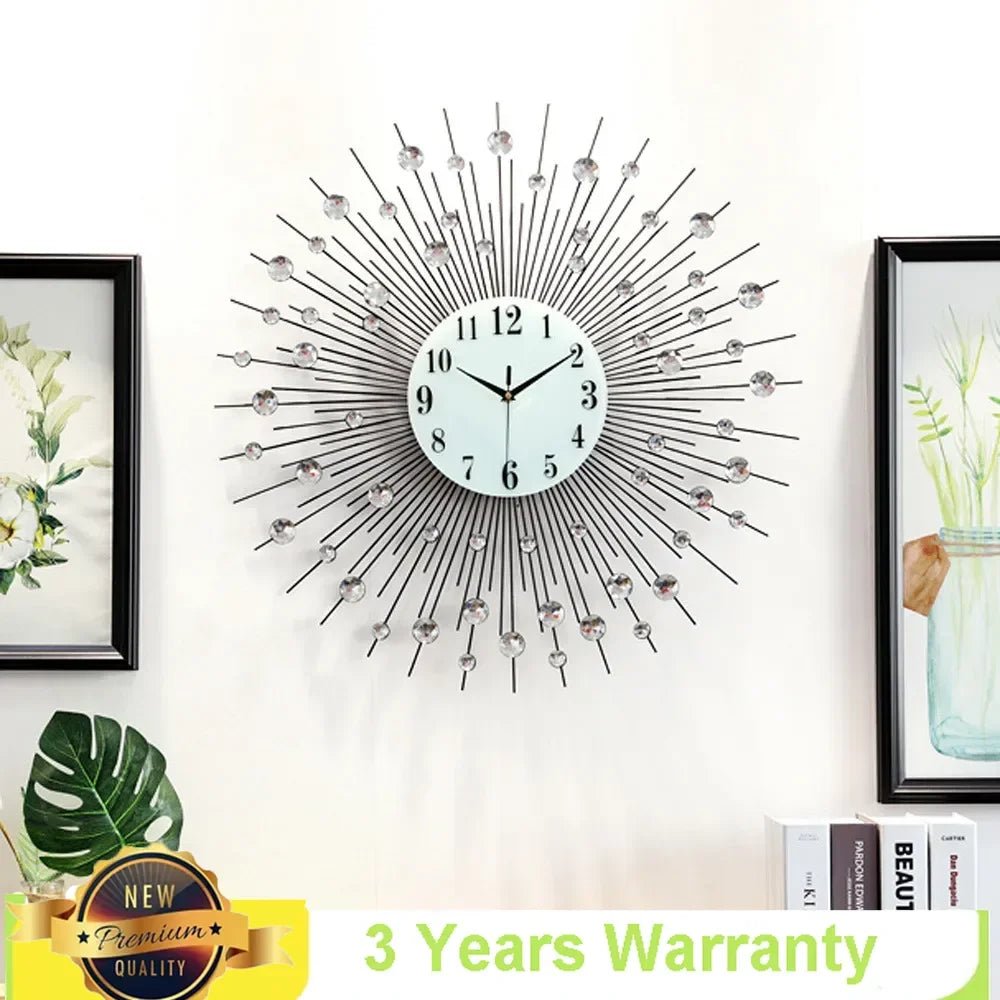 "3D Large Metal Sunburst Wall Clock – Luxury Modern Round Diamond Design, Battery Operated Home Décor for Living Room, Bedroom & Office" - RELUX.STORE