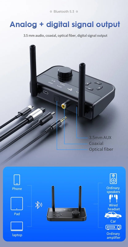 3D Stereo Bluetooth 5.3 Audio Receiver Optical/Coaxial/3.5mm AUX Analog Digital Signal Output Wirelss Adapter For Car Speaker - RELUX.STORE