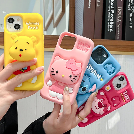 3D Stitch Kitty Face Grip Tok Holder Cartoon Silicone Soft Case for iPhone 15/16/14/13/12/11 Pro Max & 13 Pro – Cute Fun Phone Cover - RELUX.STORE