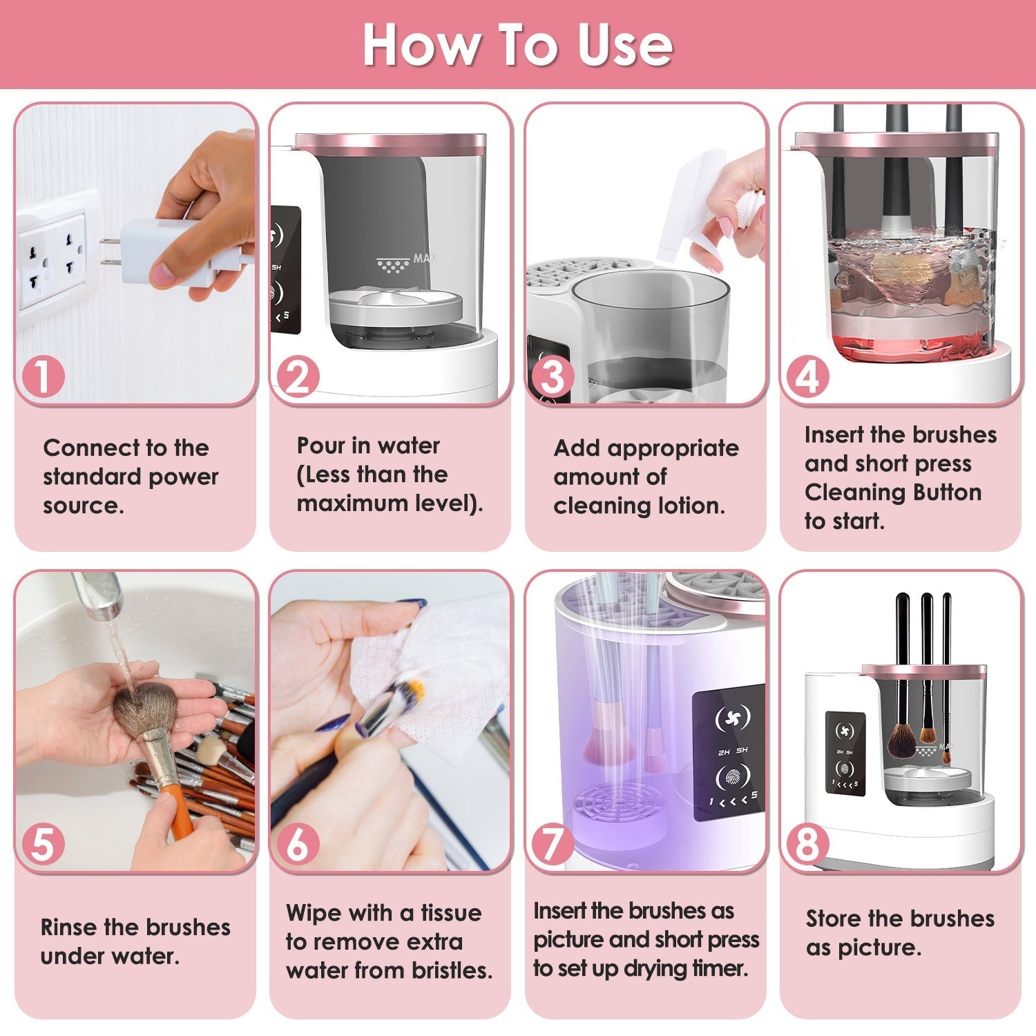 4 - in - 1 Electric Makeup Brush Cleaner & Dryer – USB Automatic Brush Blender with Timer, Digital Display, UV Disinfection & Storage | Suitable for All Makeup Brushes - RELUX.STORE