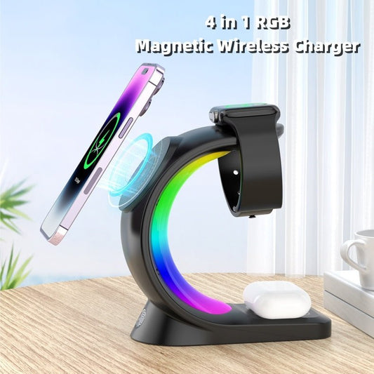 4 In 1 Magnetic Wireless Charger Fast Charging For Smart Phone Atmosphere Light Charging Station For Airpods Pro I - phone Watch - RELUX.STORE