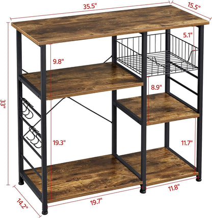 4 - Tier Kitchen Baker'S Rack, Coffee Bar Microwave Stand Cart with Wire Basket & 6 Side Hooks, Kitchen Organizer Shelf for Spices/Utensils Foods, Rustic Brown - RELUX.STORE