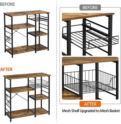 4 - Tier Kitchen Baker'S Rack, Coffee Bar Microwave Stand Cart with Wire Basket & 6 Side Hooks, Kitchen Organizer Shelf for Spices/Utensils Foods, Rustic Brown - RELUX.STORE
