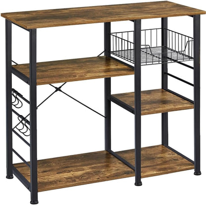 4 - Tier Kitchen Baker'S Rack, Coffee Bar Microwave Stand Cart with Wire Basket & 6 Side Hooks, Kitchen Organizer Shelf for Spices/Utensils Foods, Rustic Brown - RELUX.STORE