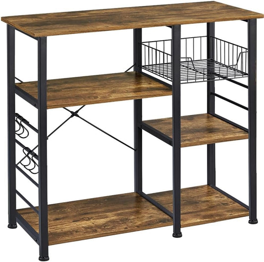 4 - Tier Kitchen Baker'S Rack, Coffee Bar Microwave Stand Cart with Wire Basket & 6 Side Hooks, Kitchen Organizer Shelf for Spices/Utensils Foods, Rustic Brown - RELUX.STORE