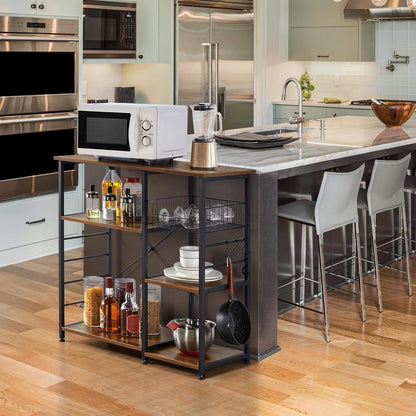 4 - Tier Kitchen Baker'S Rack, Coffee Bar Microwave Stand Cart with Wire Basket & 6 Side Hooks, Kitchen Organizer Shelf for Spices/Utensils Foods, Rustic Brown - RELUX.STORE