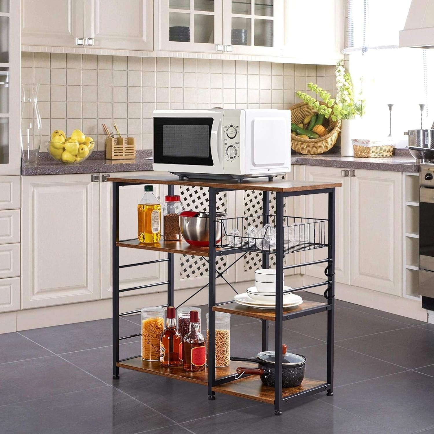 4 - Tier Kitchen Baker'S Rack, Coffee Bar Microwave Stand Cart with Wire Basket & 6 Side Hooks, Kitchen Organizer Shelf for Spices/Utensils Foods, Rustic Brown - RELUX.STORE