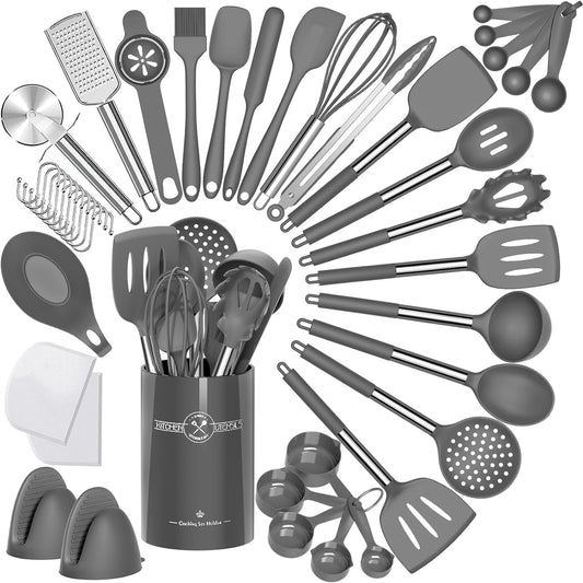 43 - Piece Silicone Kitchen Utensil Set – Heat - Resistant Non - Stick Cooking Spatulas with Stainless Steel Handles, Grey - RELUX.STORE