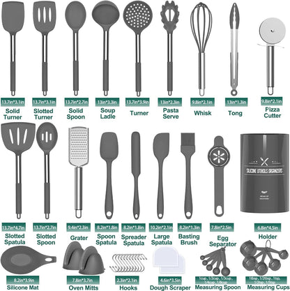 43 - Piece Silicone Kitchen Utensil Set – Heat - Resistant Non - Stick Cooking Spatulas with Stainless Steel Handles, Grey - RELUX.STORE