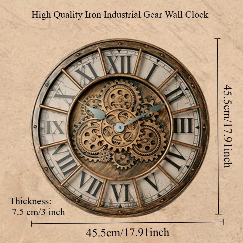 "45cm Luxury 3D Gear Wall Clock – Silent Rotating Mechanical Design | Vintage Large Art Clock for Bedroom & Home Décor" - RELUX.STORE