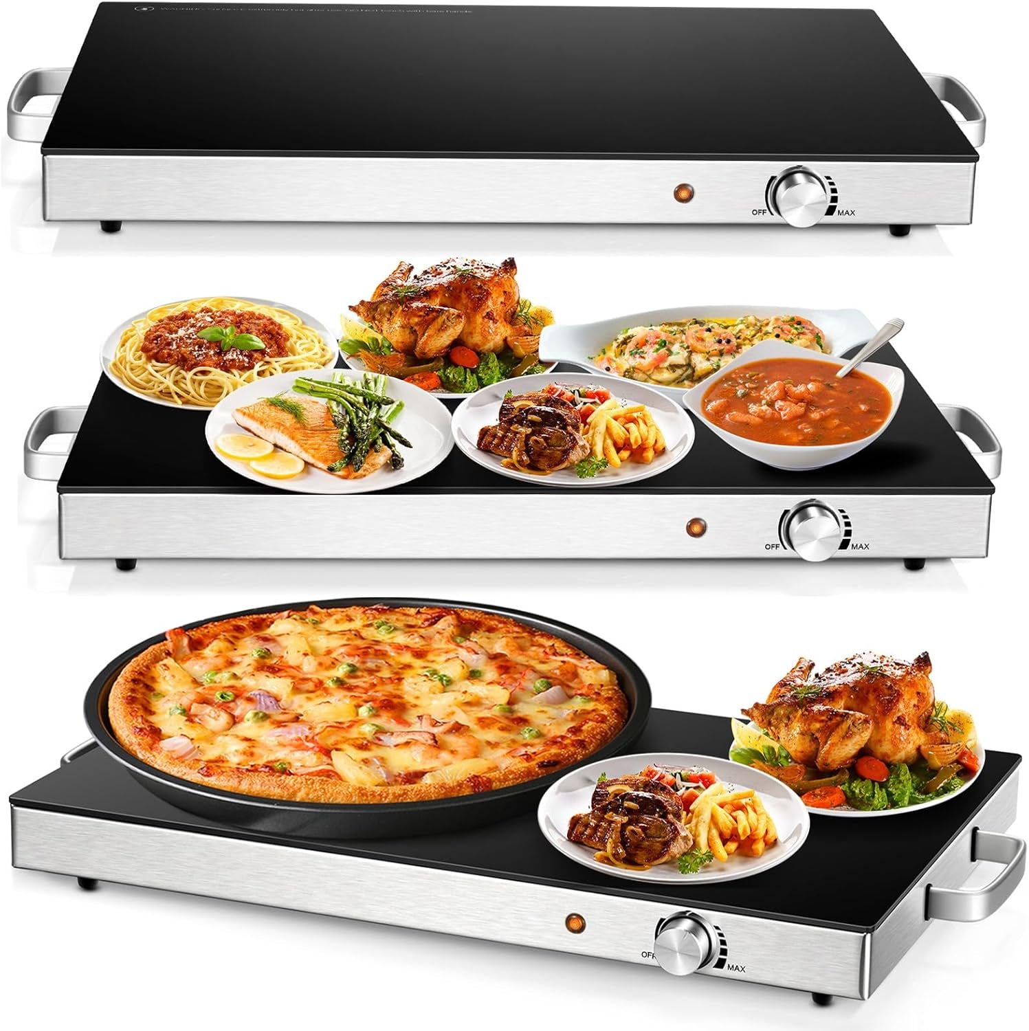 Electric Food Warmer 2 Packs, 22''X15'' Food Warmers for Parties, Adjustable Temperature Control, Tempered Glass Surface, Hot Plate for Buffet, Electric Warming Tray for Restaurants, Events