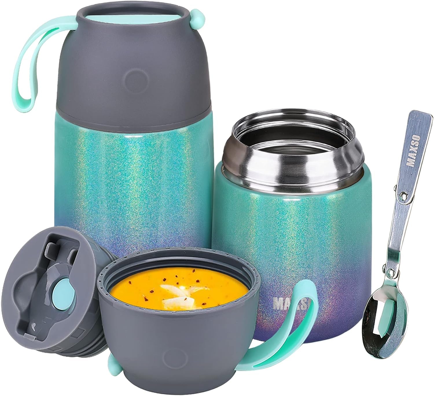 Insulated Thermo Food Jar for Hot & Cold Food for Kids Adult, 17 Oz Soup Thermal Hot Food Containers for Lunch, Triple Layer Insulation Stainless Steel Food Jar with Spoon (Lightblue)