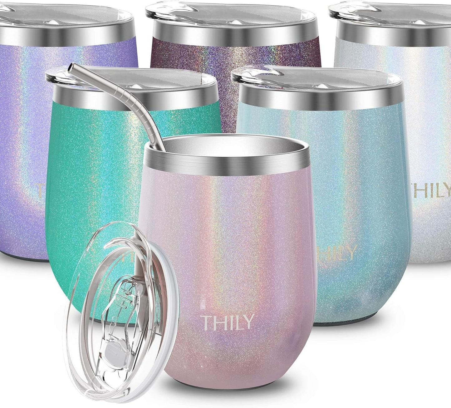 12Oz Insulated Stainless Steel Wine Tumbler with Sliding Lid & Straw - Stemless Travel Cup for Coffee, Cocktails, Beer - Cold Drinks - Glitter White