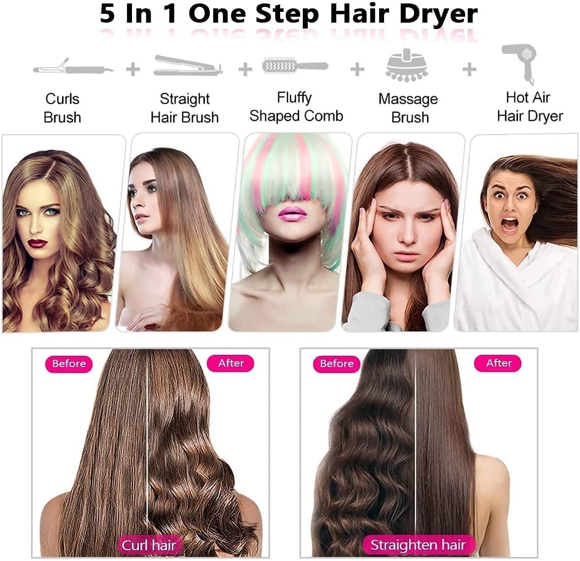 “5 - in - 1 Hot Hair Styling Brush – Multi - Functional Hair Dryer, Straightener & Curler for Smooth, Voluminous, Frizz - Free Hair” - RELUX.STORE