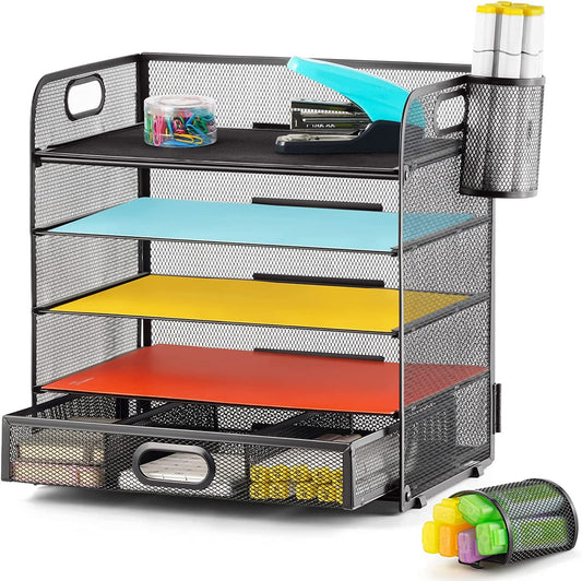 5 - Tier Mesh Paper Letter Tray Organizer with Pen Holder & Drawer – Office File Holder for A4 Documents, Paper Shelves Rack, Letter Tray Sorter (Black) - RELUX.STORE