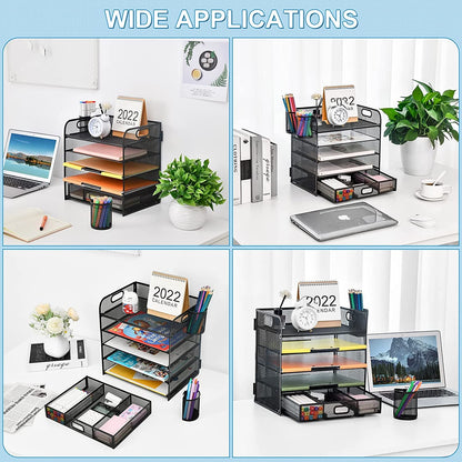 5 - Tier Mesh Paper Letter Tray Organizer with Pen Holder & Drawer – Office File Holder for A4 Documents, Paper Shelves Rack, Letter Tray Sorter (Black) - RELUX.STORE