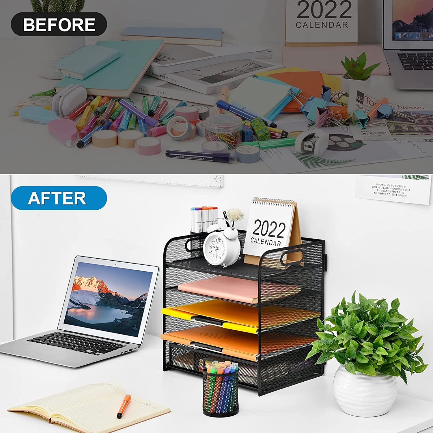 5 - Tier Mesh Paper Letter Tray Organizer with Pen Holder & Drawer – Office File Holder for A4 Documents, Paper Shelves Rack, Letter Tray Sorter (Black) - RELUX.STORE