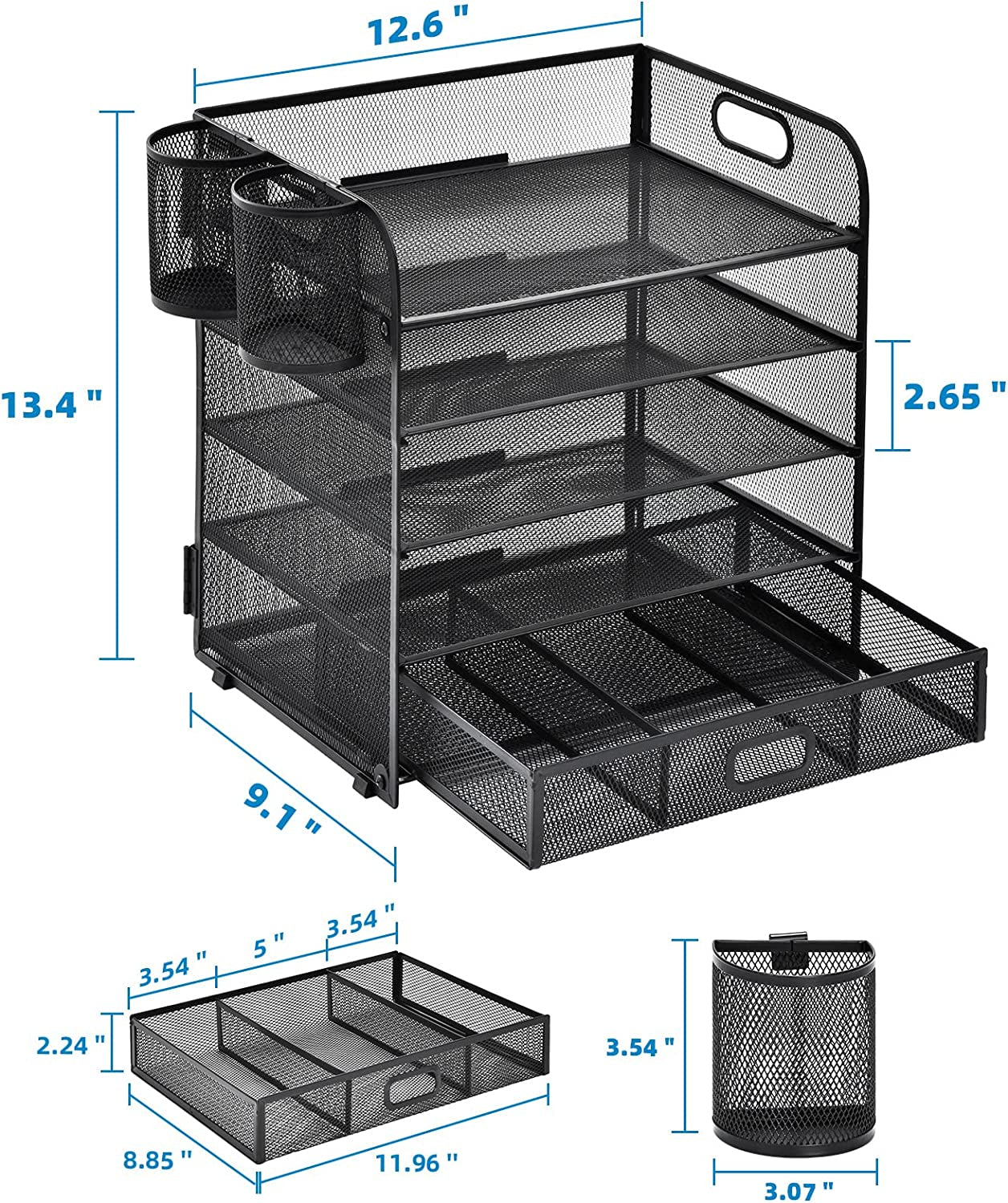 5 - Tier Mesh Paper Letter Tray Organizer with Pen Holder & Drawer – Office File Holder for A4 Documents, Paper Shelves Rack, Letter Tray Sorter (Black) - RELUX.STORE