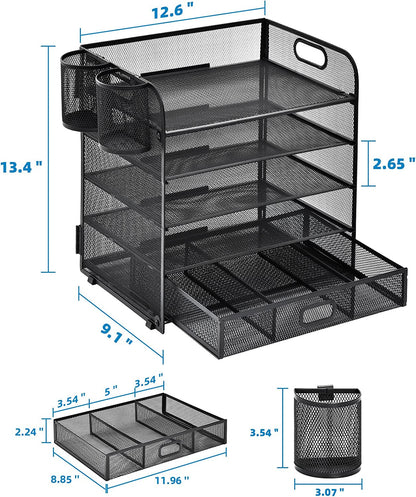 5 - Tier Mesh Paper Letter Tray Organizer with Pen Holder & Drawer – Office File Holder for A4 Documents, Paper Shelves Rack, Letter Tray Sorter (Black) - RELUX.STORE