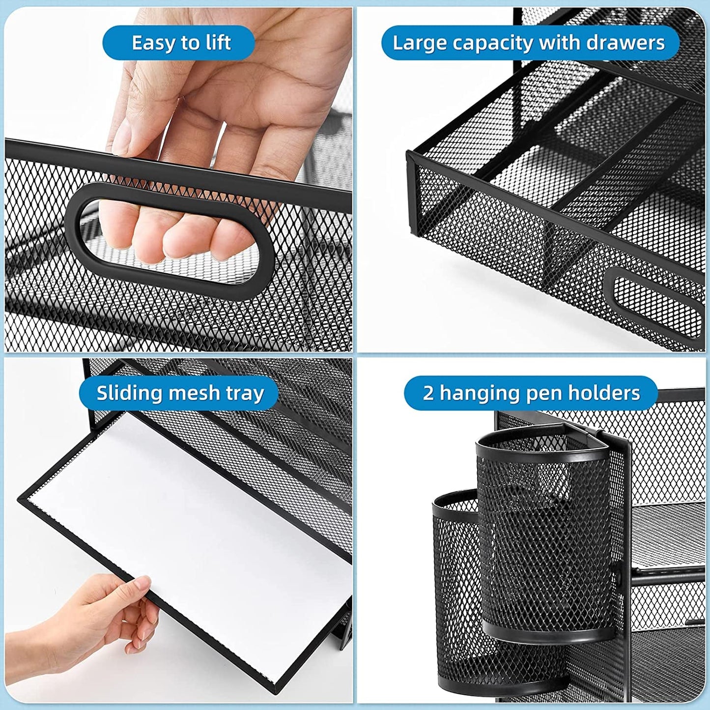 5 - Tier Mesh Paper Letter Tray Organizer with Pen Holder & Drawer – Office File Holder for A4 Documents, Paper Shelves Rack, Letter Tray Sorter (Black) - RELUX.STORE