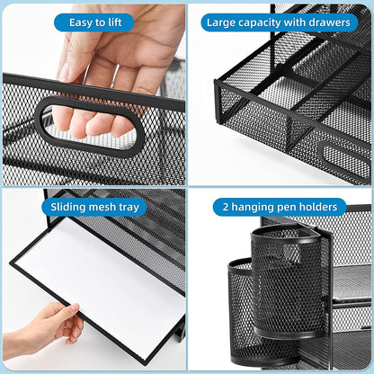 5 - Tier Mesh Paper Letter Tray Organizer with Pen Holder & Drawer – Office File Holder for A4 Documents, Paper Shelves Rack, Letter Tray Sorter (Black) - RELUX.STORE