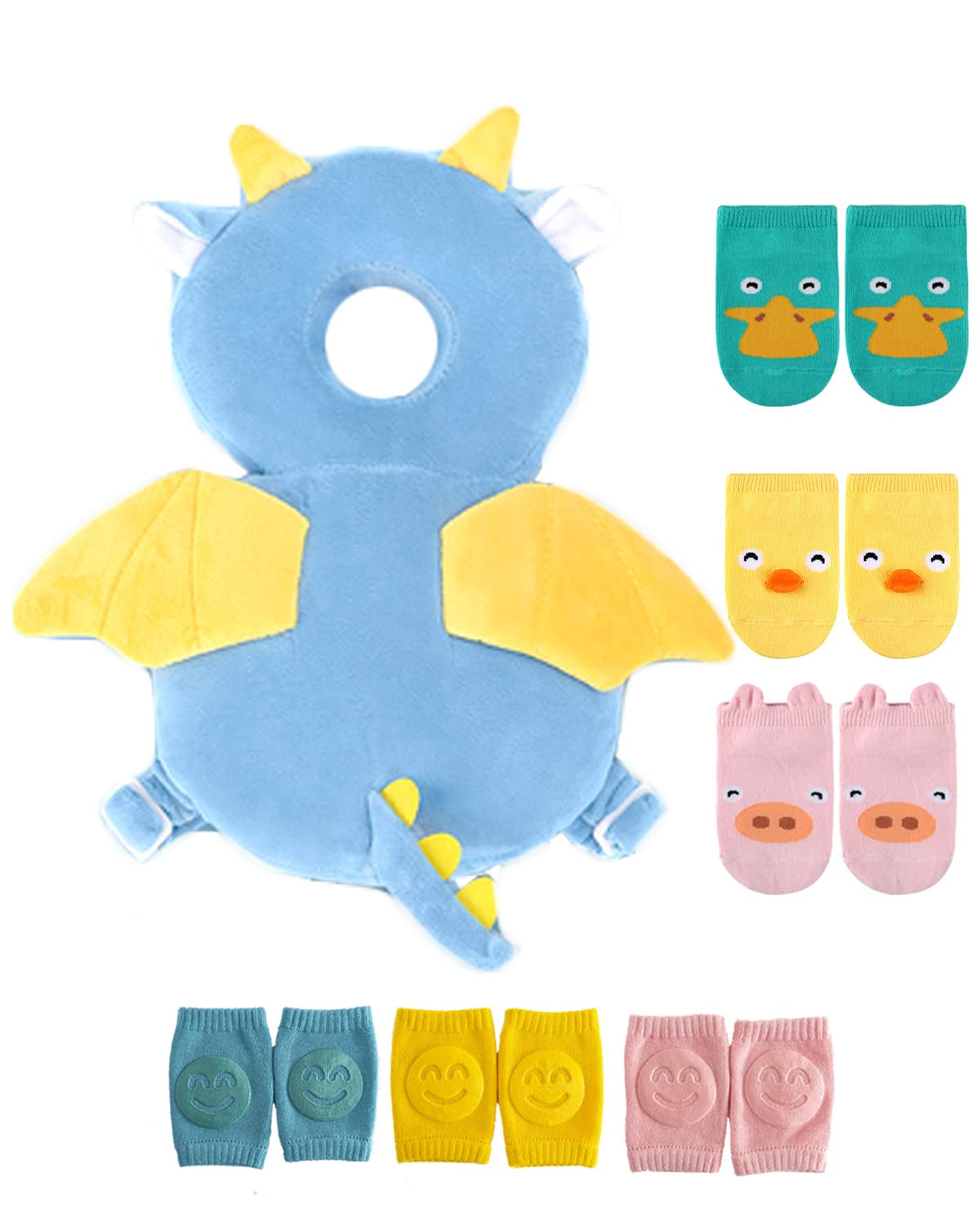 Toddler Baby Head Protector Backpack for Toddler Walker with Knee Pads&Anti-Slip Socks, Elephant