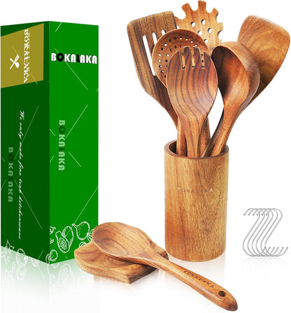 Teak Wooden Spoons for Cooking - 8Pcs Kitchen Utensils Set with Spatulas