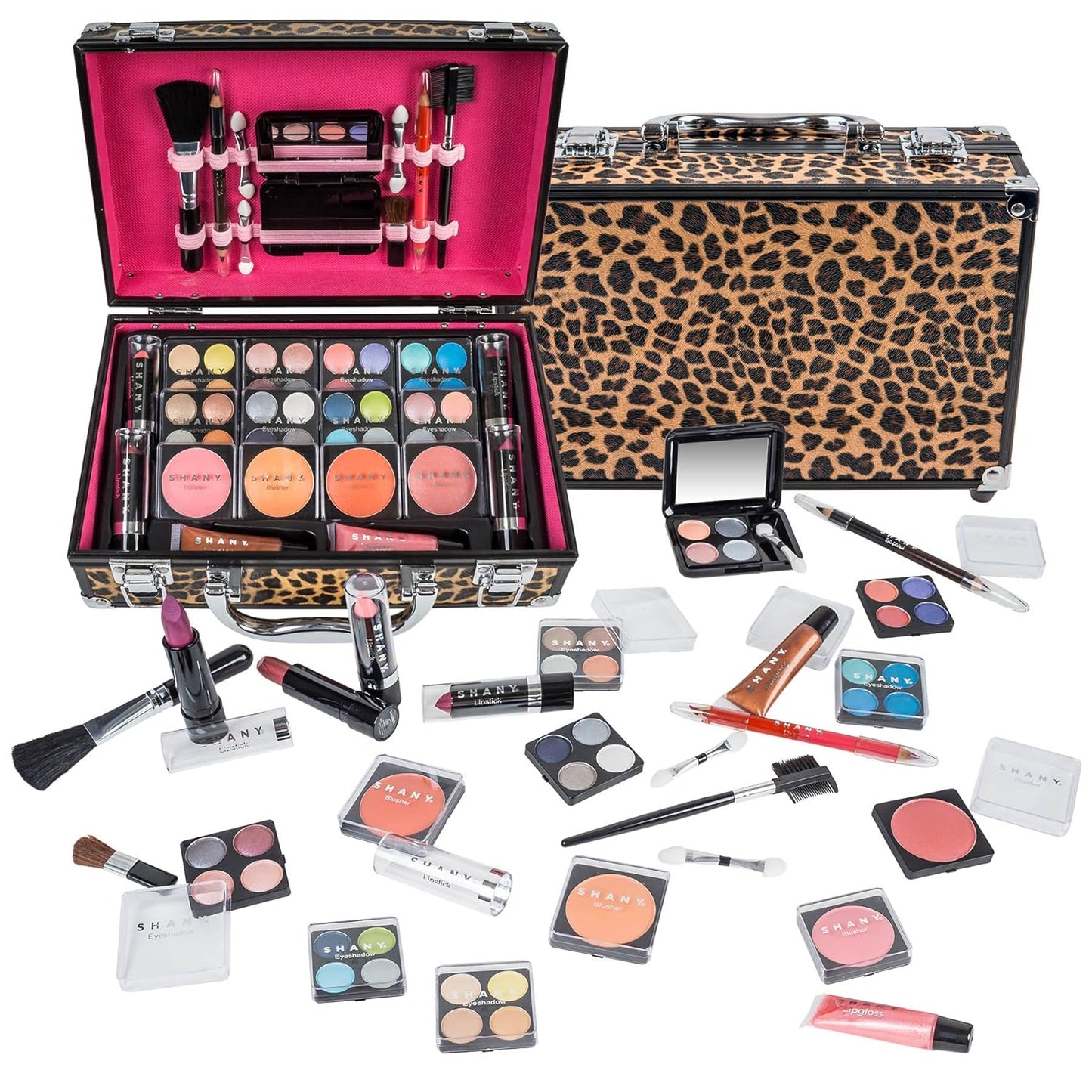 Carry All Make up Train Case with Pro Makeup Set, Beauty Brushes, Lipsticks, Eye Shadows, Blushes, Powders, and More - Reusable Cosmetics Storage Organizer - Premium Gift Packaging - Pink