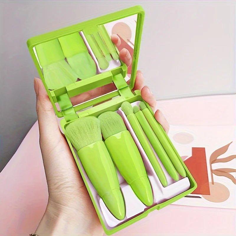 5Pcs Portable Makeup Brush Set With Mirror - Foldable Travel Kit ，Mini Makeup Brush Set Travel Makeup Brush Set - RELUX.STORE
