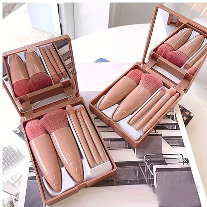 5Pcs Portable Makeup Brush Set With Mirror - Foldable Travel Kit ，Mini Makeup Brush Set Travel Makeup Brush Set - RELUX.STORE