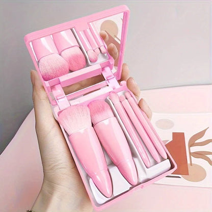 5Pcs Portable Makeup Brush Set With Mirror - Foldable Travel Kit ，Mini Makeup Brush Set Travel Makeup Brush Set - RELUX.STORE