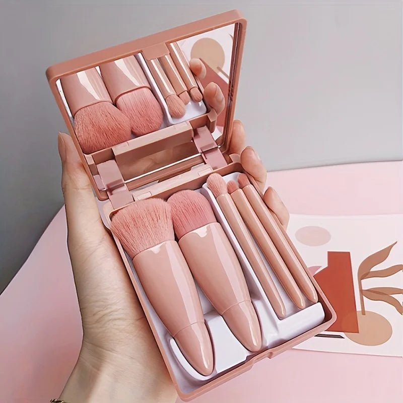 5Pcs Portable Makeup Brush Set With Mirror - Foldable Travel Kit ，Mini Makeup Brush Set Travel Makeup Brush Set - RELUX.STORE