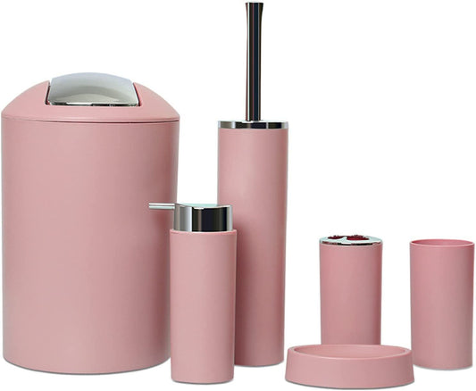 6 Pcs Pink Bathroom Accessories Set - Toothbrush Holder, Toothbrush Cup, Soap Dispenser, Soap Dish, Toilet Brush, Trash Can, Bathroom Decor Sets Accessories (Pink) - RELUX.STORE