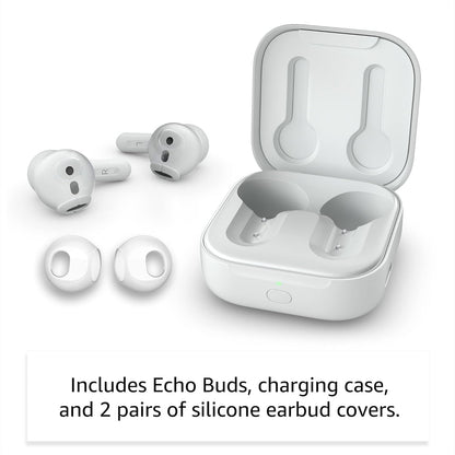 Echo Buds (Newest Model), True Wireless Bluetooth 5.2 Earbuds with Alexa, Audio Personalization, Multipoint, 20H Battery with Charging Case, Fast Charging, Sweat Resistant, Glacier White