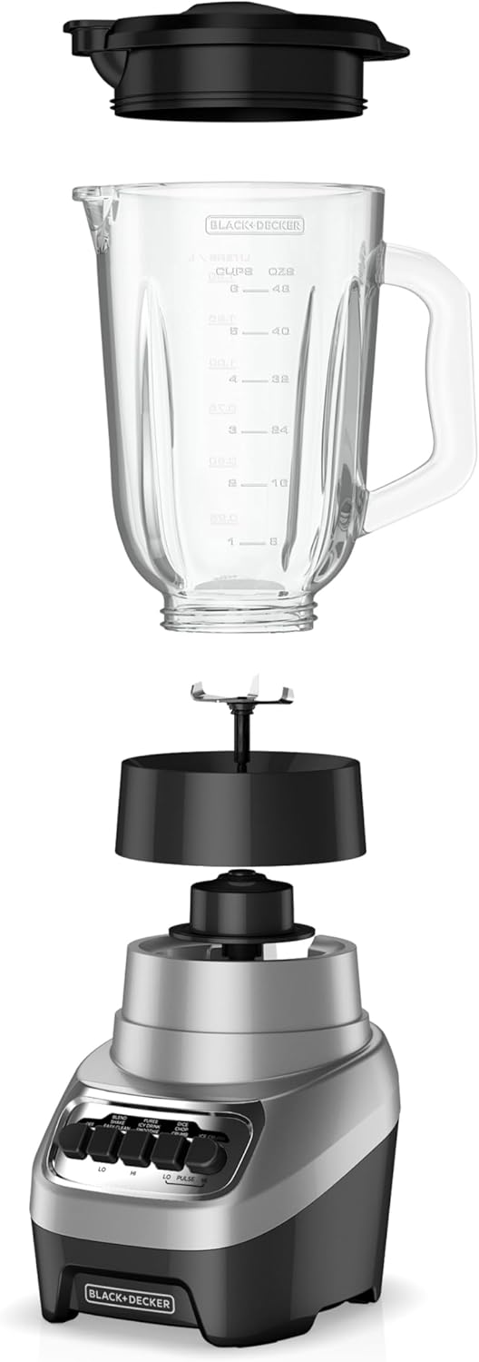 Powercrush Countertop Blender, 6-Cup Glass Jar, for Smoothies and More, Stainless Steel Blade, 4 Speed Settings to Puree, Crush Ice, Chop, Dice, and Pulse, Dishwasher Safe, 700W Motor