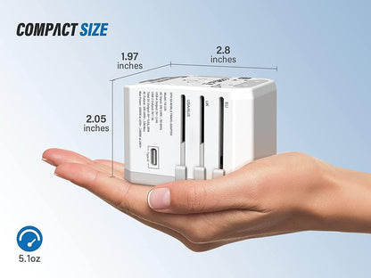 Universal Travel Adapter, European Travel Plug Adapter - International Power Adapter Worldwide Charger with USB-C & 4 USB-A Ports, Travel Essentials for Italy, Japan, Europe, UK (TA-105, White)