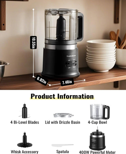 Electric Food Chopper & Meat Grinder – 400W Powerful 4-Cup Processor with 2 Speeds, 4 Stainless Steel Blades & Whisk | BPA-Free Mini Food Processor for Vegetables, Meat, Purees & Mixing