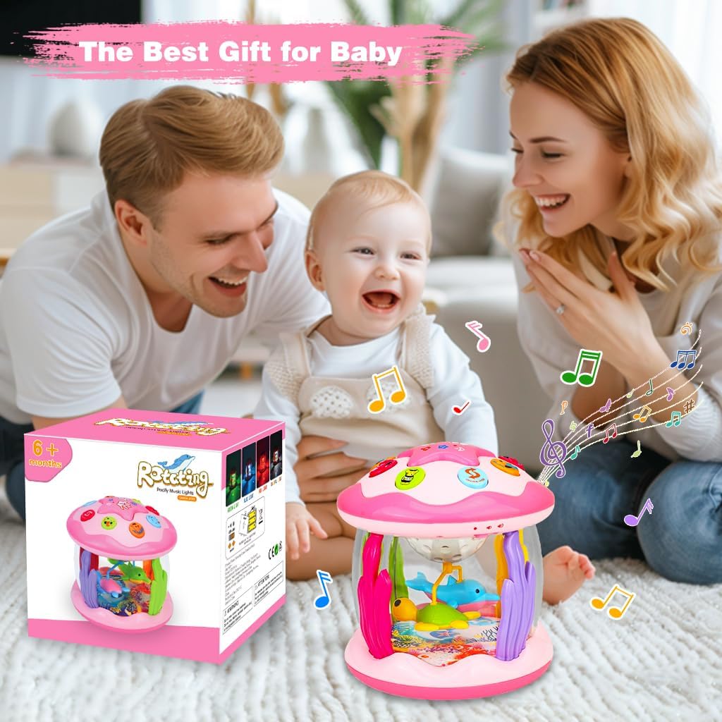 Baby Girl Toys 6-12 Months: Babies Ocean Rotating Light up Musical Toys 12-18 Months Crawling Learning Infant Toy for Toddlers 1 2 3 Years Old Baby Girl Gifts (Pink)