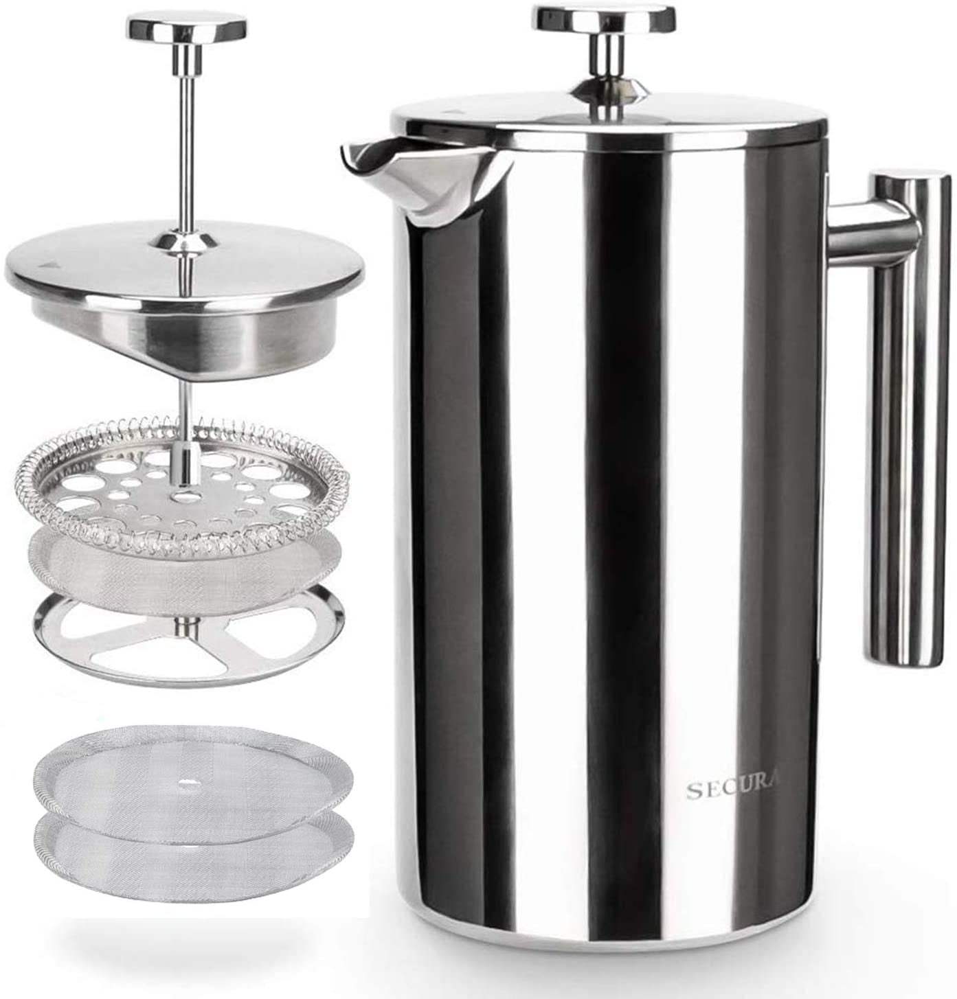 French Press Coffee Maker, 304 Grade Stainless Steel Insulated Coffee Press with 2 Extra Screens, 12Oz (0.35 Litre), Silver (SFP-12DS)