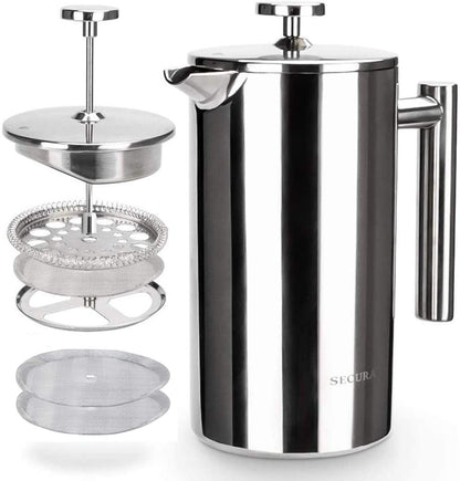French Press Coffee Maker, 304 Grade Stainless Steel Insulated Coffee Press with 2 Extra Screens, 12Oz (0.35 Litre), Silver (SFP-12DS)