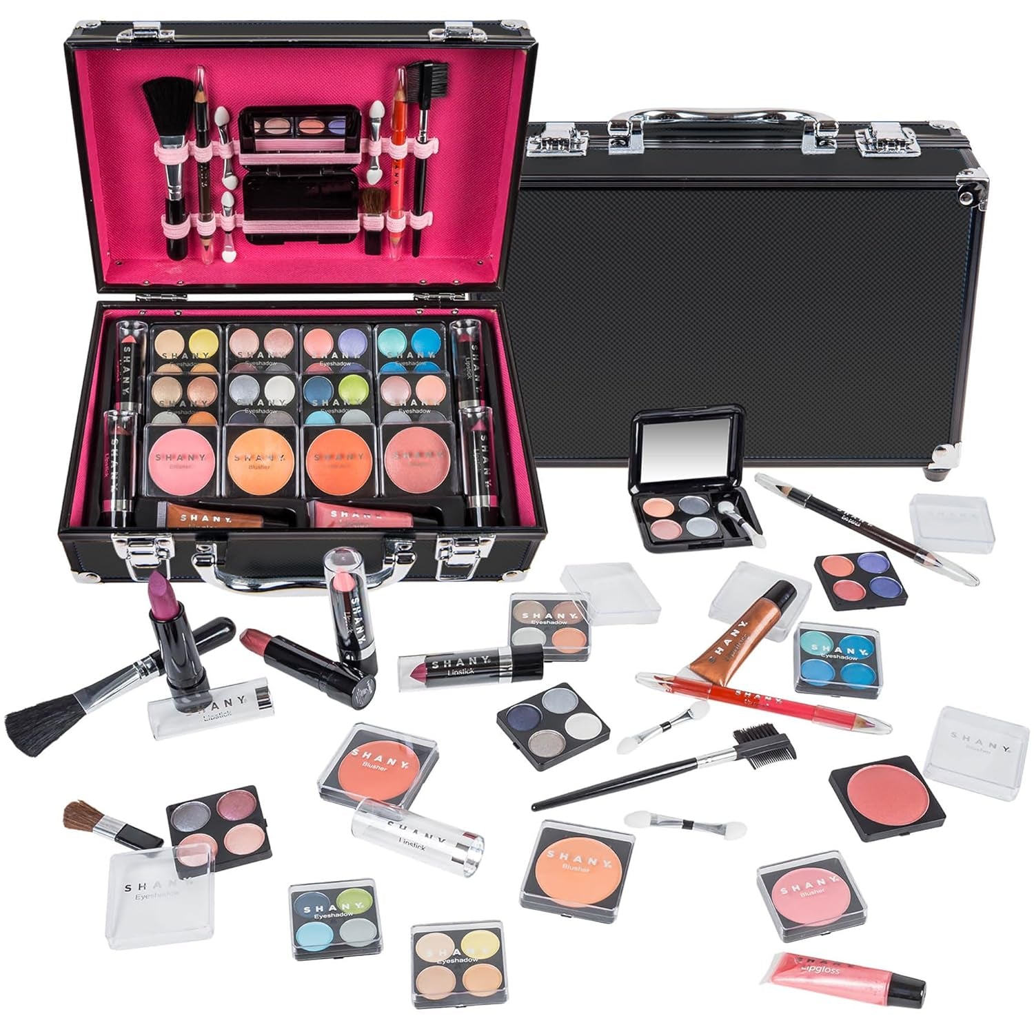 Carry All Make up Train Case with Pro Makeup Set, Beauty Brushes, Lipsticks, Eye Shadows, Blushes, Powders, and More - Reusable Cosmetics Storage Organizer - Premium Gift Packaging - Pink