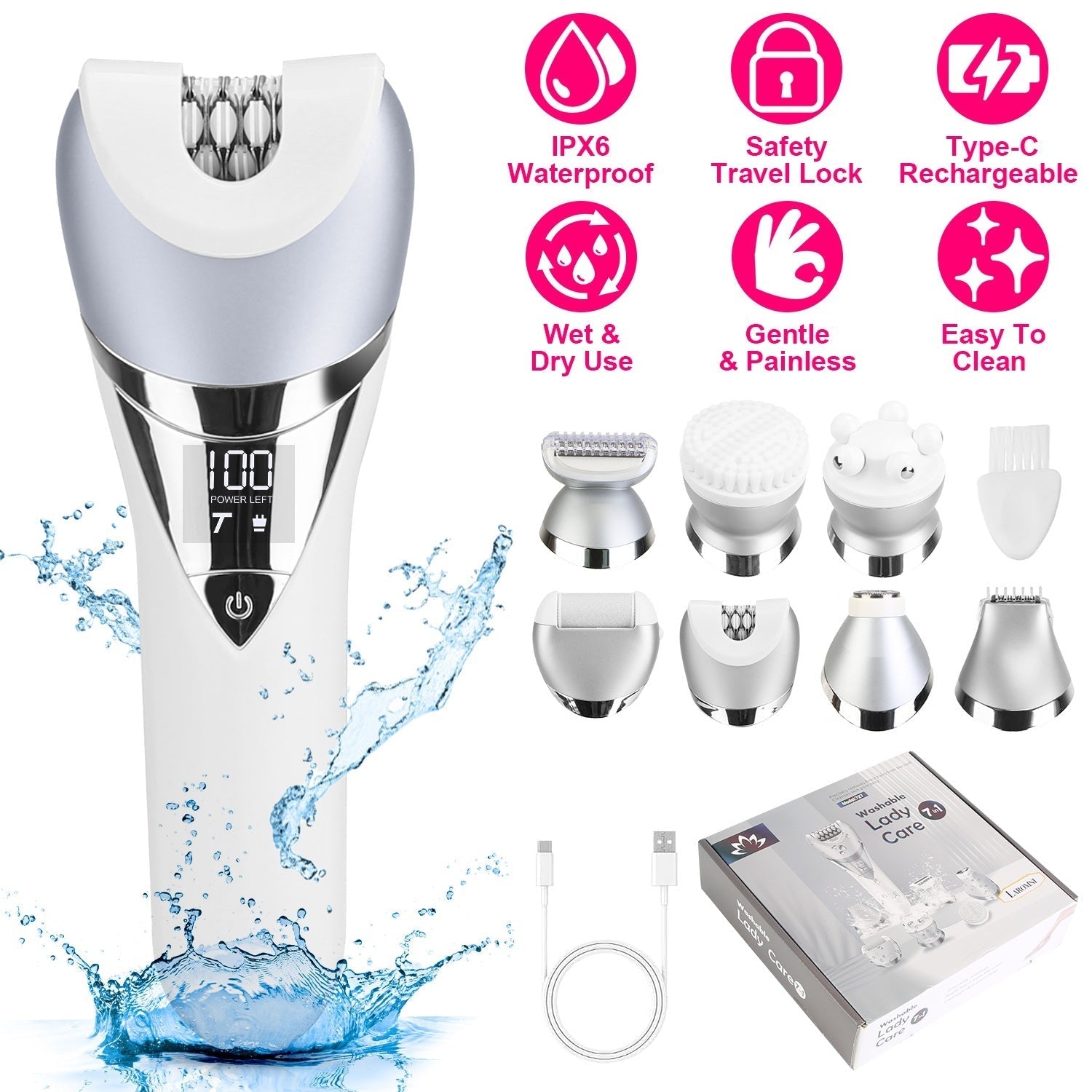 7 - in - 1 Electric Razor for Women – Cordless Rechargeable Hair Removal Epilator & Shaver Kit | Wet & Dry Use for Legs, Face, Arms, Bikini & Armpits | IPX6 Waterproof Full Body Trimmer - RELUX.STORE