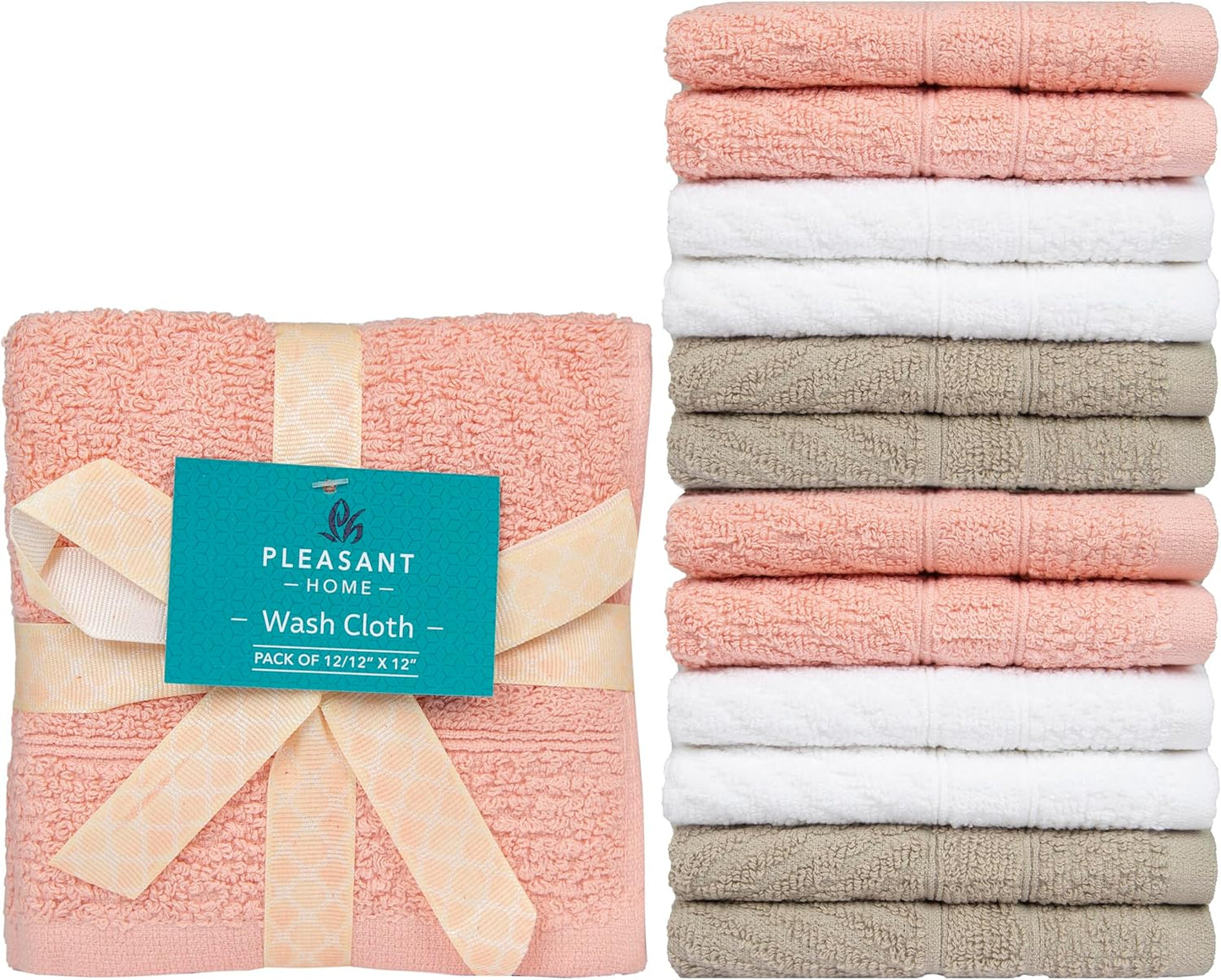 Diamond Wash Cloths Set - 12 Pack (12” X 12”) – 509 GSM - 100% Ring Spun Cotton Wash Cloth - Super Soft and Highly Absorbent Face Towels (Blush, White & Tan)