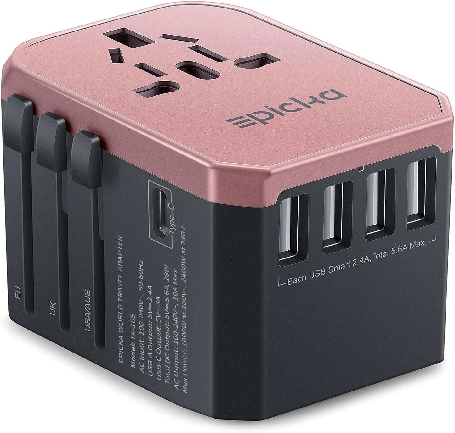 Universal Travel Adapter, European Travel Plug Adapter - International Power Adapter Worldwide Charger with USB-C & 4 USB-A Ports, Travel Essentials for Italy, Japan, Europe, UK (TA-105, White)