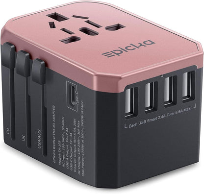 Universal Travel Adapter, European Travel Plug Adapter - International Power Adapter Worldwide Charger with USB-C & 4 USB-A Ports, Travel Essentials for Italy, Japan, Europe, UK (TA-105, White)