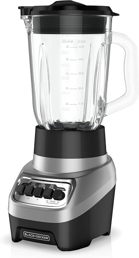 Powercrush Countertop Blender, 6-Cup Glass Jar, for Smoothies and More, Stainless Steel Blade, 4 Speed Settings to Puree, Crush Ice, Chop, Dice, and Pulse, Dishwasher Safe, 700W Motor