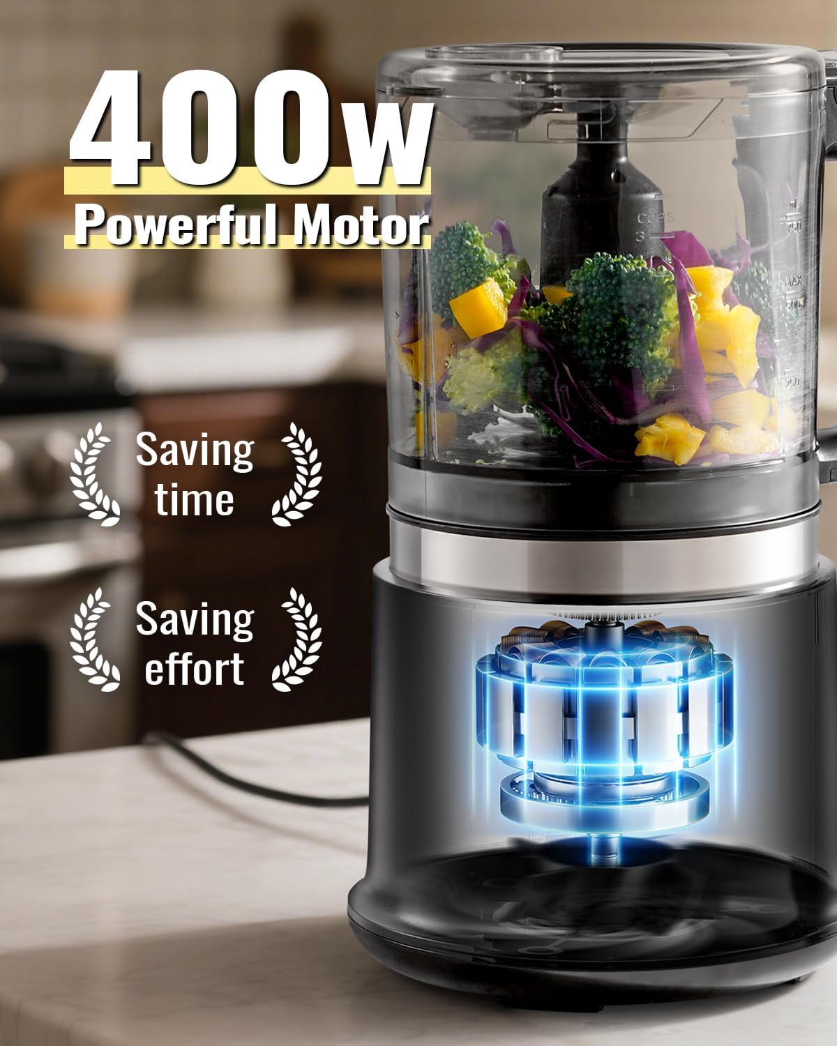 Electric Food Chopper & Meat Grinder – 400W Powerful 4-Cup Processor with 2 Speeds, 4 Stainless Steel Blades & Whisk | BPA-Free Mini Food Processor for Vegetables, Meat, Purees & Mixing