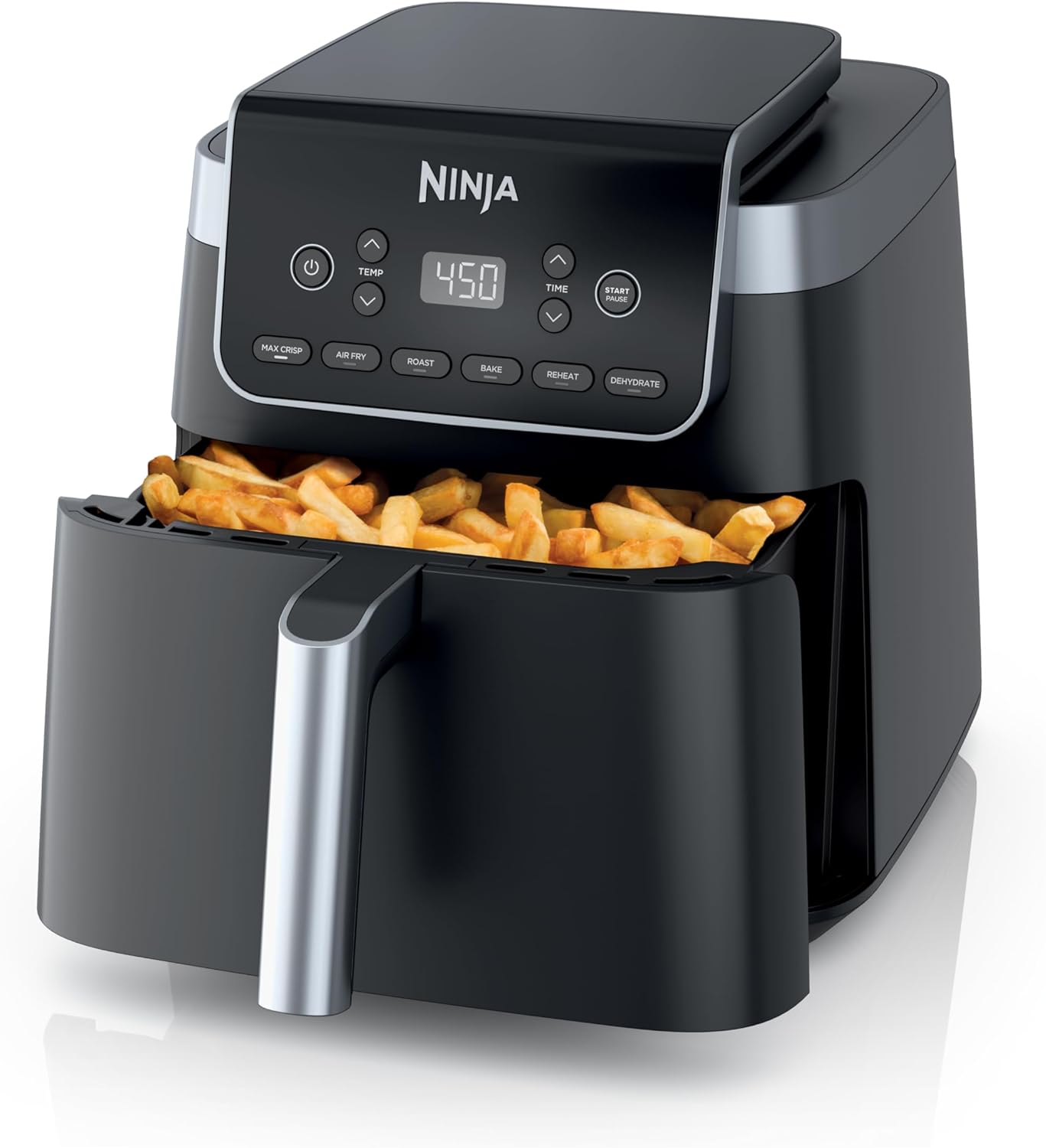| Air Fryer | 4-In-1 Pro Air Fry, Roast, Reheat, Dehydrate | 5QT Capacity Fits up to 4Lbs of French Fries | 400F Max Temp | Nonstick Basket & Crisper Plate | 120V | Grey | AF141