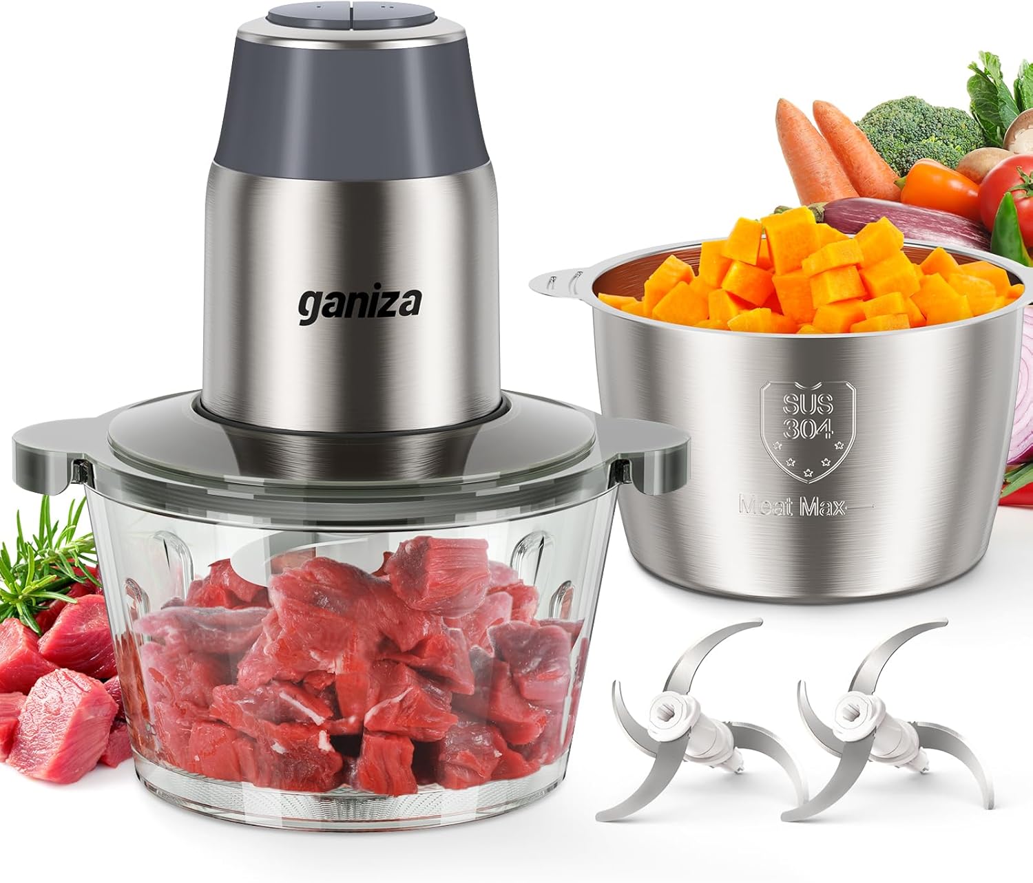 🔥 Food Processor & Electric Meat Grinder – 450W Powerful Copper Motor, Dual 8-Cup Bowls, Bi-Level Stainless Steel Blades – Multifunctional Vegetable Chopper, Fruit, Nut & Meat Grinder 🍖🥦
